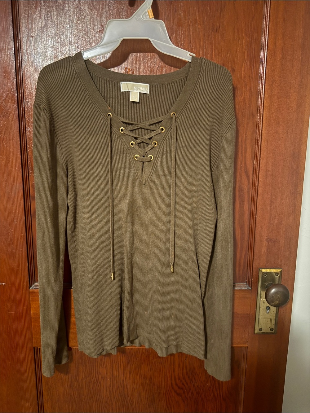 MICHAEL Michael Kors Olive Lace-Up Ribbed V-Neck Sweater